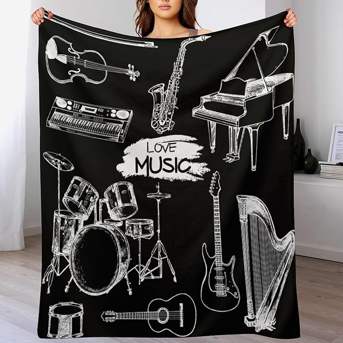 Music Blanket Drums Piano Guitar Black White Abstract Art Printed Soft Cozy Lightweight Throw Blanket for Kids Girls Boys Women Bedroom Living Room Dorm Chair Sofa Travel 60x80in