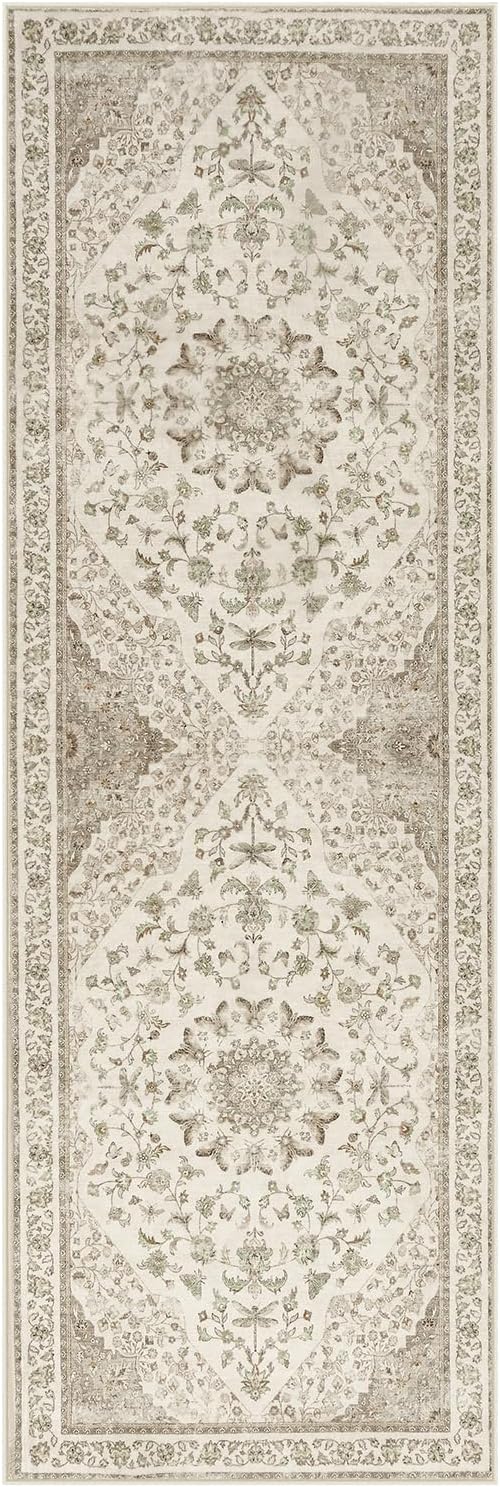 Moynesa 2x6 Beige Washable Runner Rug for Hallway, Boho Vintage Distressed Runner for Entryway Kitchen Bathroom Bedroom, Low Pile Soft Non-Slip Floor Mat for Laundry Nursery