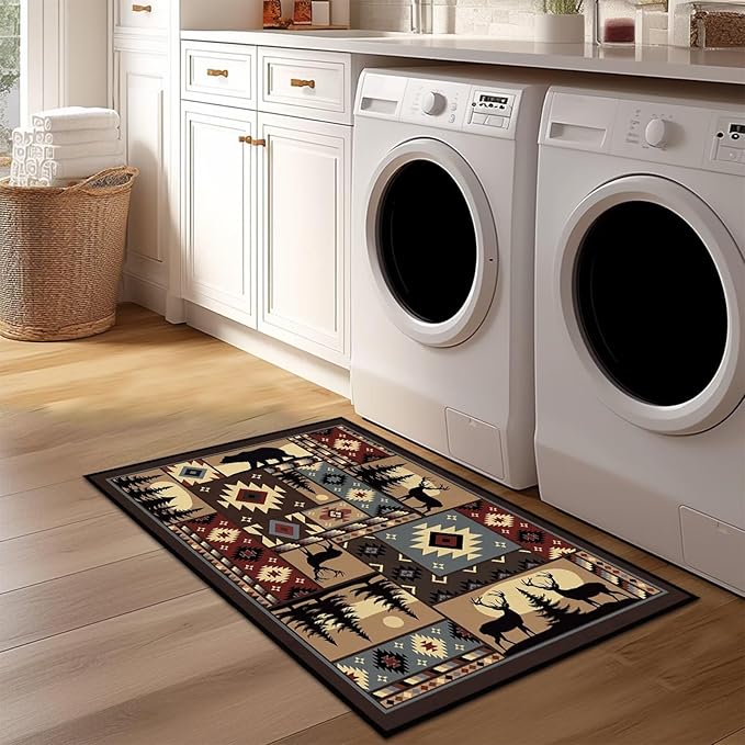 Rustic Rug 2x3 Washable Area Rugs,Buffalo Plaid Bear Moose Deer Country,Cabin Wildlife Entrance Rug Small Throw Carpet Vintage Floor Carpets Non Slip Indoor Door Mat for Entryway,Front Door,Kitchen