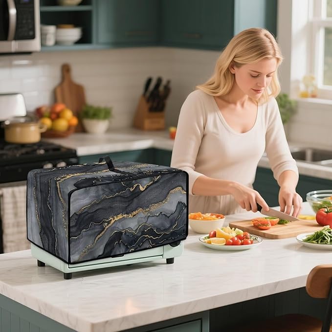 Convection Toaster Oven Cover Protective Small Kitchen Appliance Dust Cover with Accessory Pockets for Kitchen Home Indoor Decorations, S, Marble Black Gold
