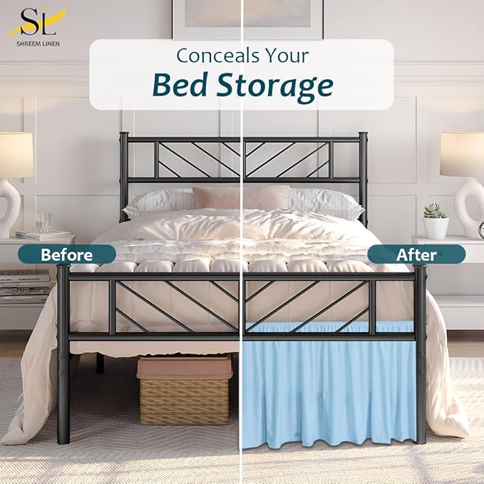 Shreem Linen Ruffled Bed Skirt with Split Corners, Gathered Style, 100% Microfiber, 10-Inch Drop, Dust Ruffle Bedskirt with Platform, Full-XL, Light Blue