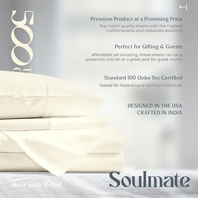 Mayfair Linen 100% Cotton Bed Sheets Twin Sheet Set - 500 Thread Count Sheets Twin Size 3 PC Set (Ivory), Soft, Cooling, Hotel-Quality 16" Deep Pocket Sateen Weave Cotton Bedsheet for Dorm Room