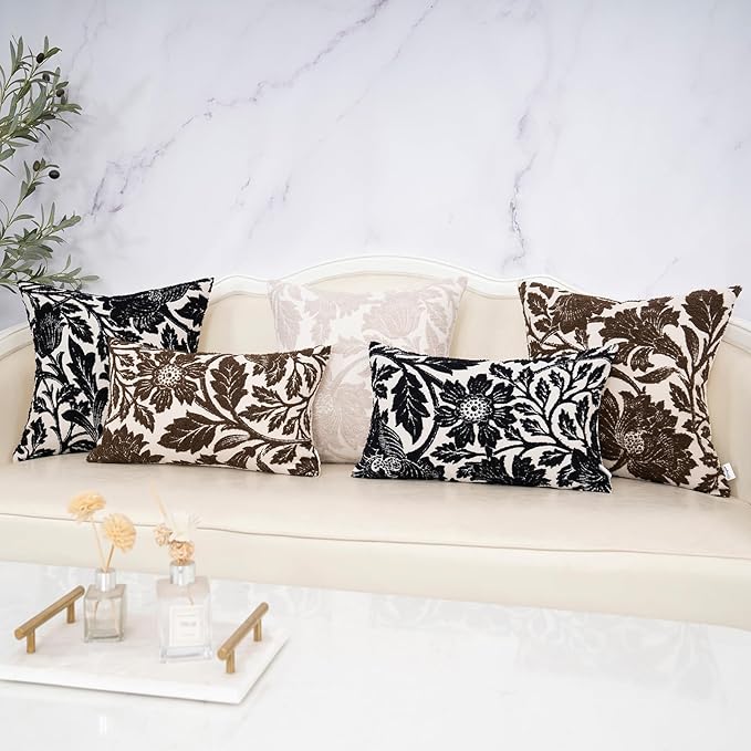 Yangest Chenille Floral Pillow Cover 20 x 20 Inches, Neutral Jacquard Square Throw Pillow Cover Soft Decorative Nature Accent Couch Pillow Cover for Living Room Bedroom, Black