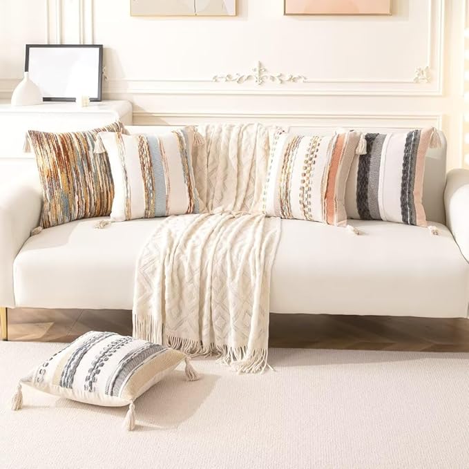 Boho Throw Pillow Covers 18x18 Set of 2 Woven Tufted Farmhouse Pillows Cover with Tassels Textured Striped Cushion Case Neutral Pillow Cases Decorative Pillowcase for Sofa Couch Bed,Rust