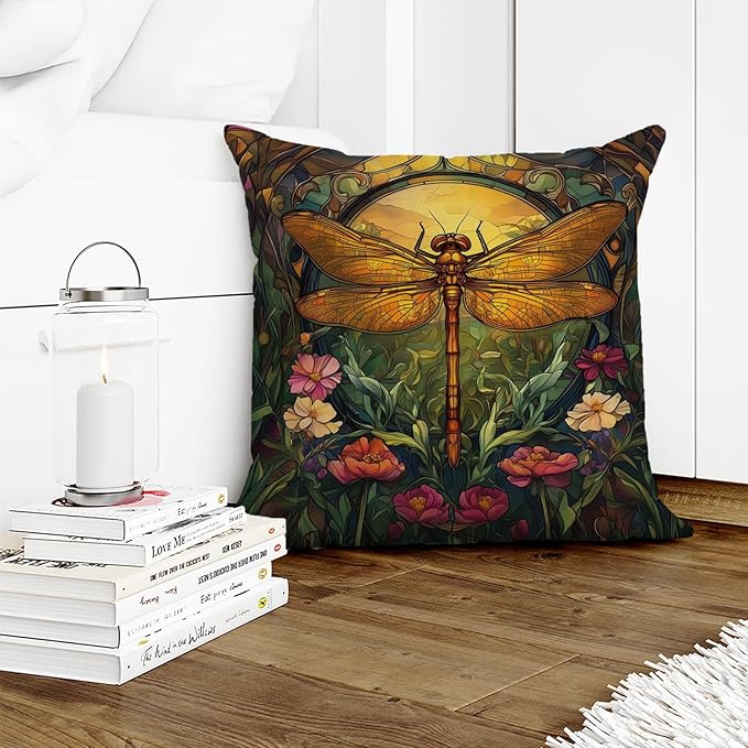 YOU FOUND ME William Morris Abstract Vintage Floral Dragonfly Design Throw Pillow Covers Home Decor, Retro Art Deco Pillowcase Cushion Cover for Bed Sofa Living Room, Square 18x18inch (Dragonfly)