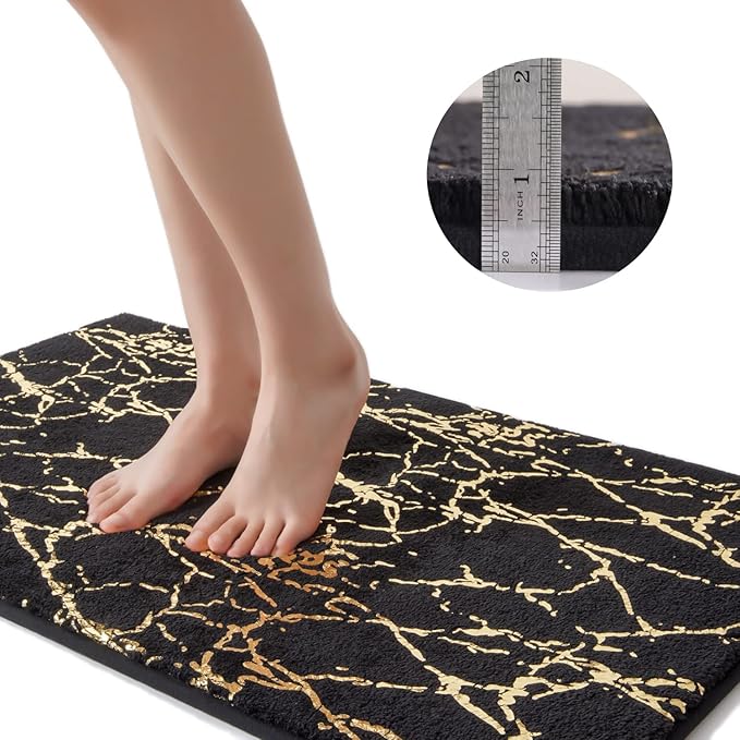 QJHOMO Marble Bathroom Runner Rug Gold Decor Long Bathroom Rugs Black Bath Mat Non Slip Super Absorbent Bathmat Machine Washable Floor Carpet for Tub, Shower, Bedroom (24x48 inch)