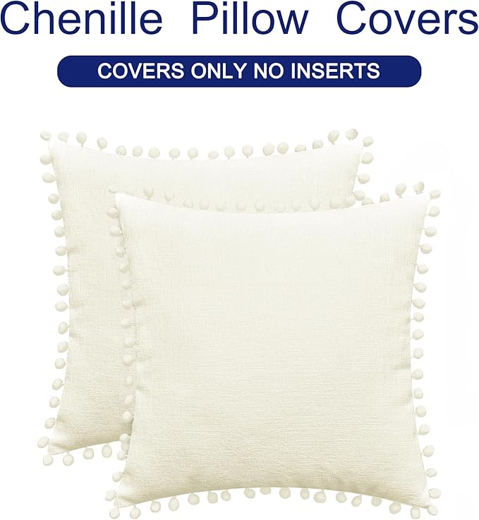 CaliTime Throw Pillow Covers Decorative 18 X 18 Inches Pack of 2 Cozy Solid Dyed Soft Chenille Cushion Cases with Pom Poms for Couch Sofa Bed Living Room Home Cream