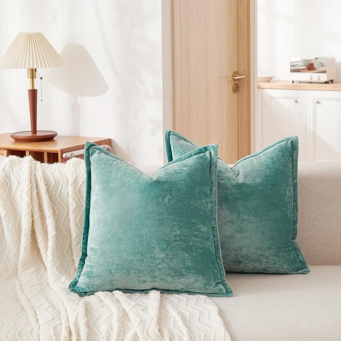 Luxurious Velvet Throw Pillow Covers 20x20 Set of 2 Decorative Pillow Covers Solid Square Cushion Case for Sofa Couch Bedroom Farmhouse, Aqua Green