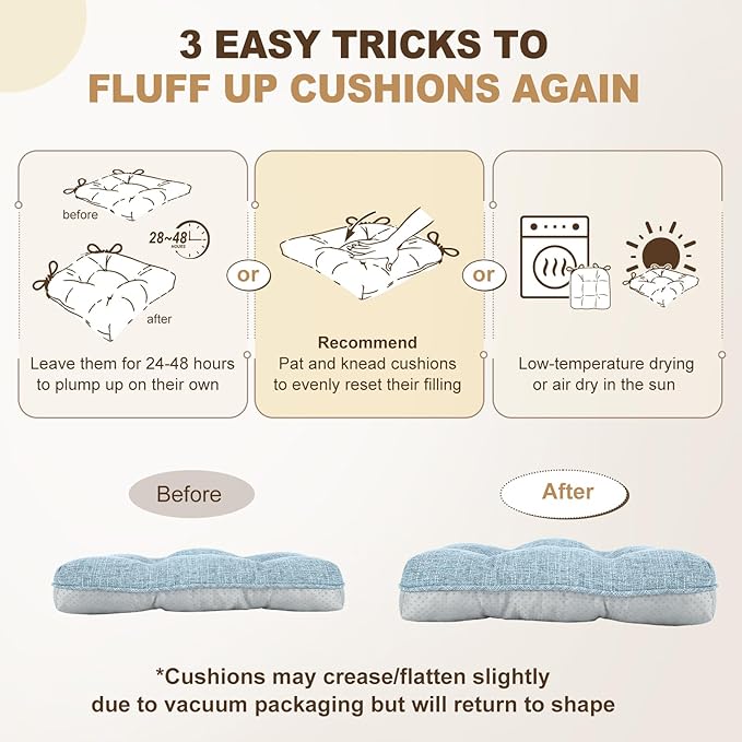 downluxe Indoor Chair Cushions for Dining Chairs, Tufted Overstuffed Textured Foam Kitchen Chair Pads with Ties and Non-Slip Backing, 15.5" x 15.5" x 4", Light Blue, 6 Pack