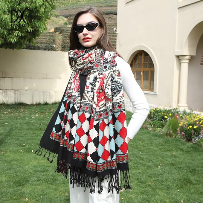 DANA XU 100% Merino Wool Pashmina Shawl for Women 96"x43", Oversized Cashmere Wrap with Tassels, Floral Travel Blanket Cape