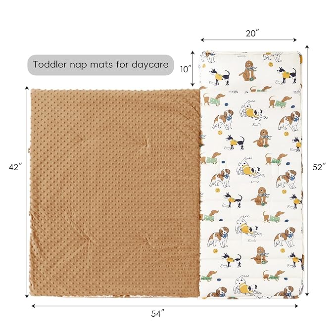 david's kids Minky Toddler Nap Mat with Pillow and Minky Fleece Blanket, Ultra Soft Slumber Bags for Kids, Perfect for Preschool, Daycare, Kids Sleeping Bags with Rollup Design, 50"x20", Dog