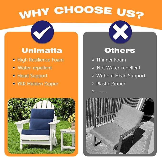 Sunbrella Outdoor High Back Chair Cushion Seat Pads, 44 x 21 Inch Water-Repellent & Fade-Resistant Patio Furniture Cushions with Ties for Adirondack, Rocking Chairs, Specrtum Indigo