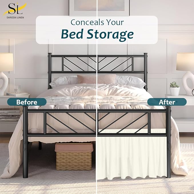 Shreem Linen Ruffled Bed Skirt with Split Corners, Gathered Style, 100% Microfiber, 28-Inch Drop, Dust Ruffle Bedskirt with Platform, Queen-XL, Ivory