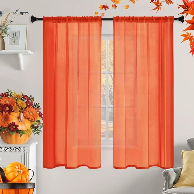 Sheer Curtains 54 Inches Long 2 Panels, Rod Pocket Short Curtain for Kitchen, Bedroom, Cafe Window(Burnt Orange 38" W x 54" L)