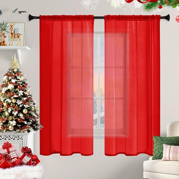 Sheer Curtains 72 Inches Long 2 Panels, Rod Pocket Short Curtain for Kitchen, Bedroom, Cafe Window(Red 38" W x 72" L)