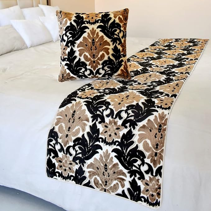 The HomeCentric King/Queen/Twin Brown Decorative King 90"x18" Bed Runner Without Pillow Cover, Damask Bed Scarf on Velvet Fabric - Victoria