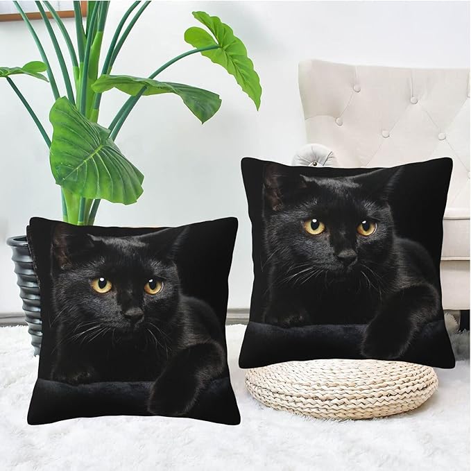 Black Cat Throw Pillow Covers Decorative Linen Pillow Cases Set of 2 Square Cushion Cover for Couch Sofa Bedroom Patio 18x18 Inch