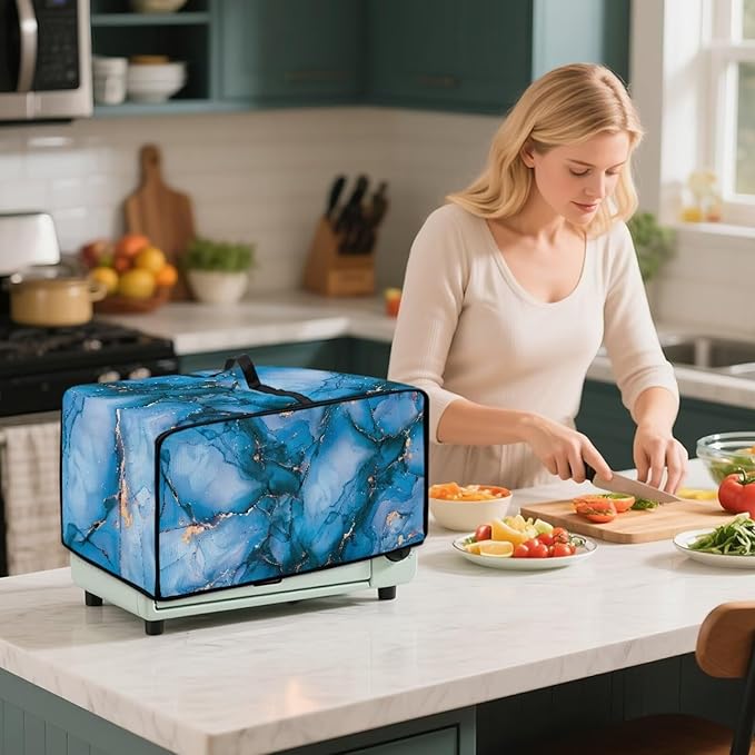 Toaster Oven Dust Cover with Storage Pockets, Dust Protection Smart Oven Cover for Kitchen Countertop Home Decor, L, 18.5 x 22.5 x 13 Inches, Blue Gold Marble