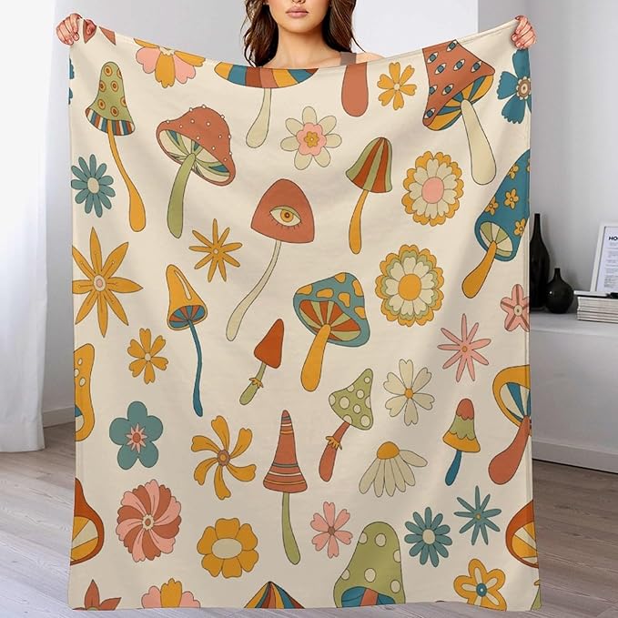 70s Mushroom Throw Blanket, Retro 60s Groovy Mushroom Boho Hippie Flowers Print Blanket for Kids Baby Bedroom Sofa Holiday Decor 40"x50"