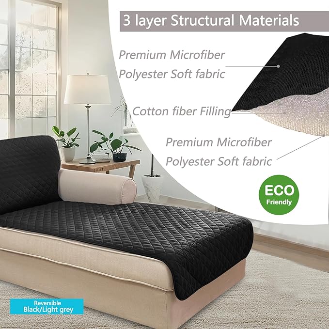 U-NICE HOME Sectional Couch Cover for Dogs Chaise Lounge Reversible Sofa Cover Furniture Protector Cover for Pets with Elastic Adjustable Strap (Chaise Lounge, Black/Grey)