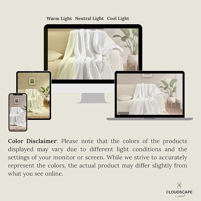 Cloud Scape Linen Extra Large 4 Layer Muslin Throw Blanket - 100% Cotton Gauze, Lightweight & Breathable All Season, Pre-Washed, for Couch & Bed, 50x70, White
