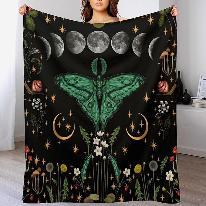 Moon Phase Moth Blanket, Vintage Botanical Mushroom Wildflower Gothic Night Moonlit Mysterious Witchy Throws Blanket for Sofa Bed Couch Chair, 30"x40"