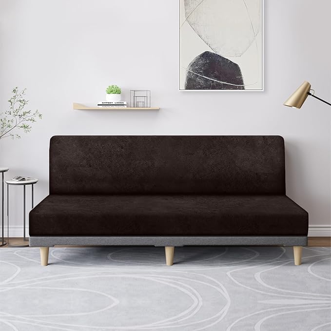 molasofa Leather Like Stretch Futon Slipcover Armless Sofa Cover Furniture Protector with Elastic Bottom, Soft and Washable Futon Cover for Sofa Bed (Larger,Chocolate)