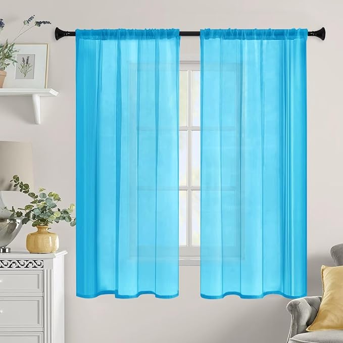 Sheer Curtains 54 Inches Long 2 Panels, Rod Pocket Short Curtain for Kitchen, Bedroom, Cafe Window(Cyan Blue 38" W x 54" L)
