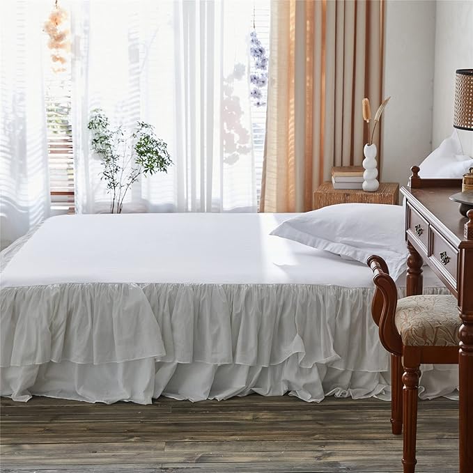 BISELINA White Ruffled Bed Skirt 18-Inch Tailored Drop Cotton Voile Dust Ruffle Soft Cozy Elegant Luxurious Bedding (18" Queen, White)
