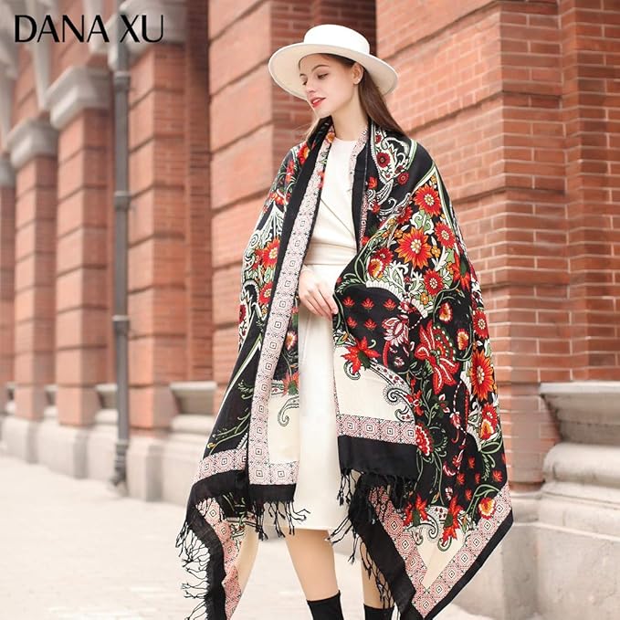 DANA XU 100% Merino Wool Pashmina Shawl for Women 96"x43", Oversized Cashmere Wrap with Tassels, Floral Travel Blanket Cape