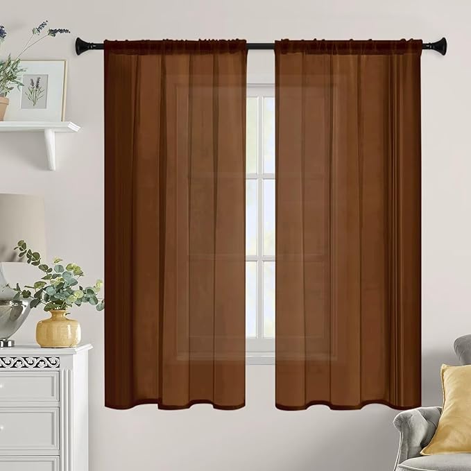 Sheer Curtains 84 Inches Long 2 Panels, Rod Pocket Short Curtain for Kitchen, Bedroom, Cafe Window(Brown 38" W x 84" L)