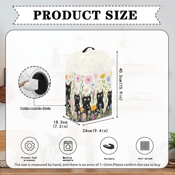 Flowers Black Cats Blender Cover Dust Cover Appliance Dust Cover for Small Food Processor Coffee Maker Juice Maker, Easy Clean