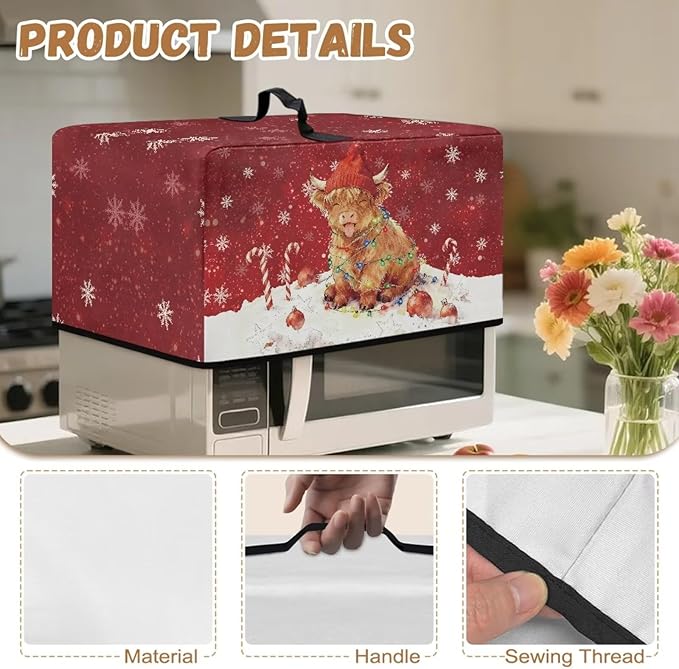 Microwave Oven Dust Cover, Christmas Highland Cattle Waterproof Polyester Dust Cover for Microwave Oven for Most Standard Microwaves Easy to Clean
