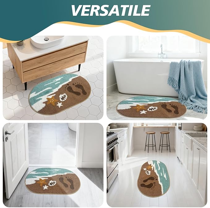 Beach Bathroom Rugs Soft Absorbent Ocean Wave Bath Mat with Non-Slip Backing Coastal Decor for Bathroom Kitchen Entryway, Blue Sea Design with Starfish Shells Pattern Bath Decor (D, 20"x32")