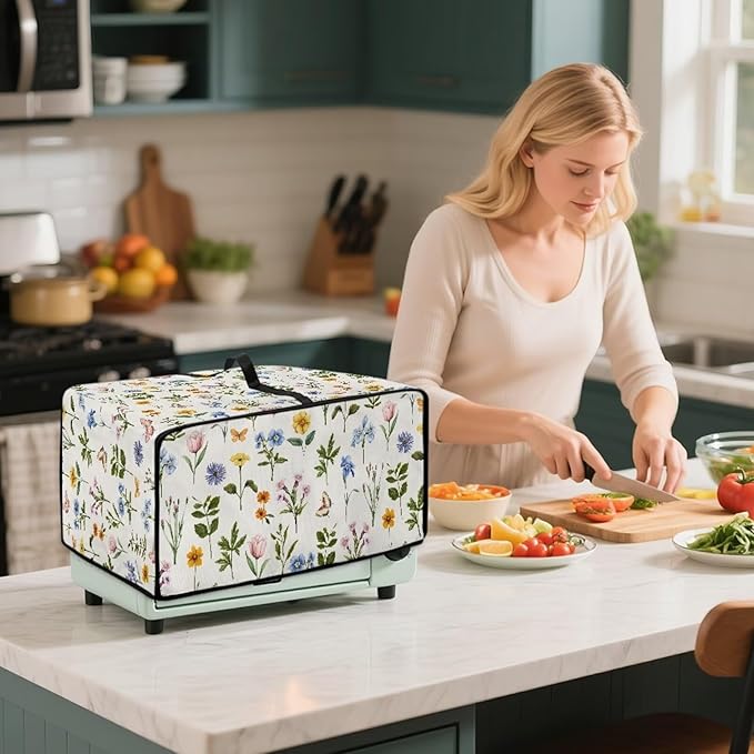 Toaster Oven Dust Cover with Side Pockets, Washable Convection Oven Cover Small Electric Appliance Protector for Kitchen Home Decor, S, Floral Butterfly Cream White