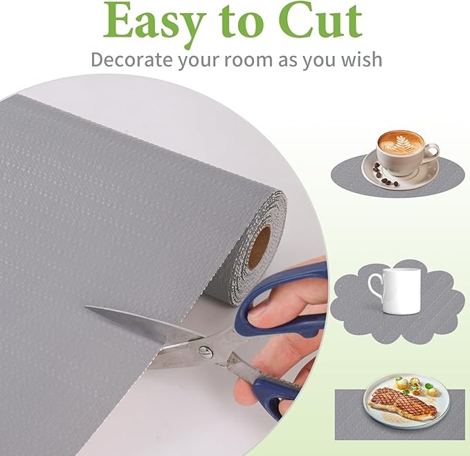 Shelf Liners for Kitchen Cabinets 12in x 10FT Non Adhesive Drawer Liner Grey Thickened Shelf Liner Paper Strong Non-Slip Easy to Clean for Tool Box Refrigerator with Knife and Tape Measure