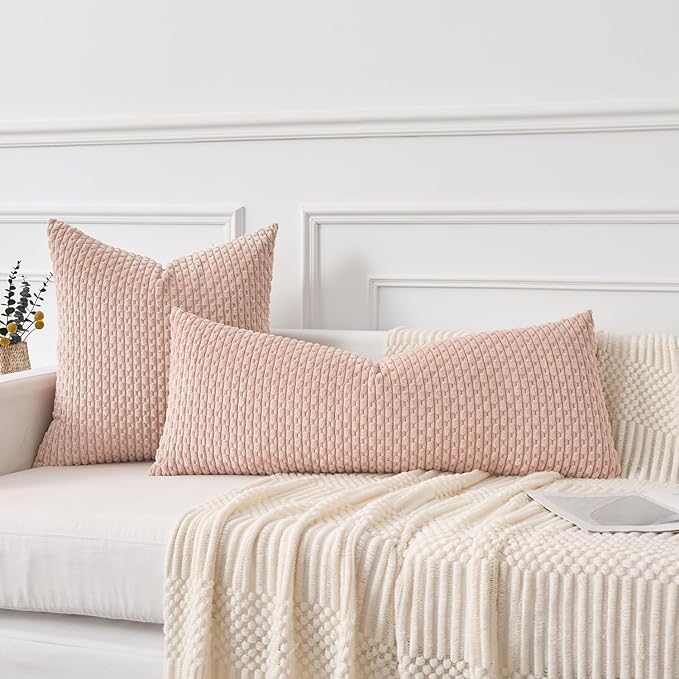 Kevin Textile Valentines Day 20x54 Inch Long Body Lumbar 1 Pack Boho Decorative Throw Pillow Cover Soft Striped Corduroy Rectangle Cushion Case Accent for Living Room Couch Sofa Bed, Light Pink
