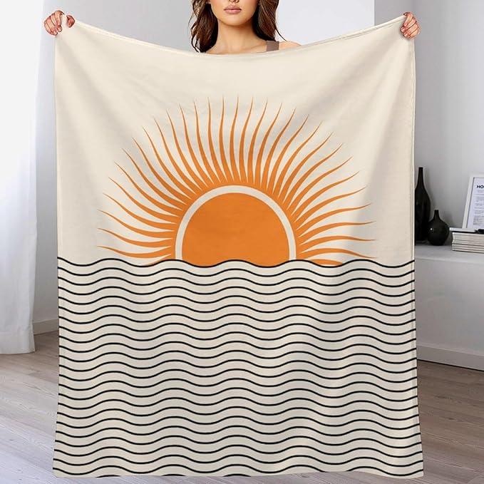 Abstract Sunset Throw Blanket, Boho Mid Century Geometric Minimalist Aesthetic Wave Sunrise Soft Warm Blankets for Couch Bedroom Sofa Office, 50"x60"