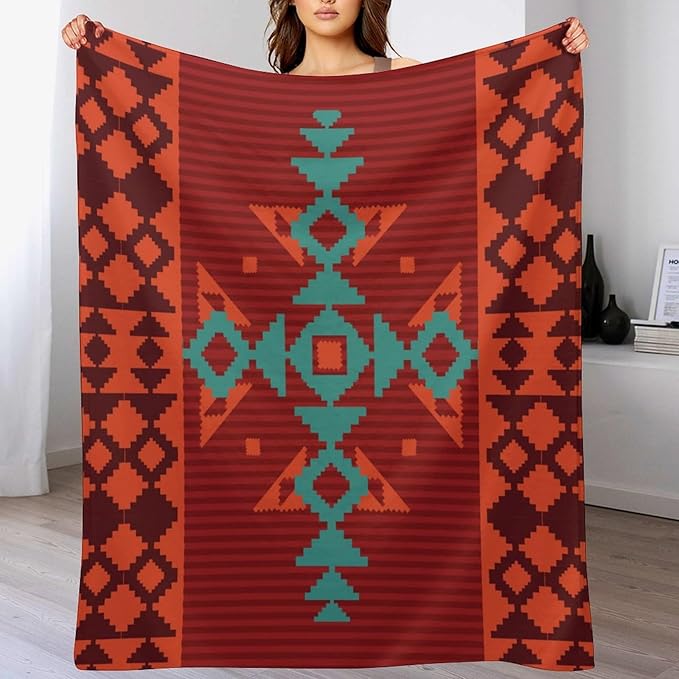 Aztec Throw Blanket, Red Native Southwestern Boho Blanket for Couch Bed Chair Outdoor Travel 40"x50"