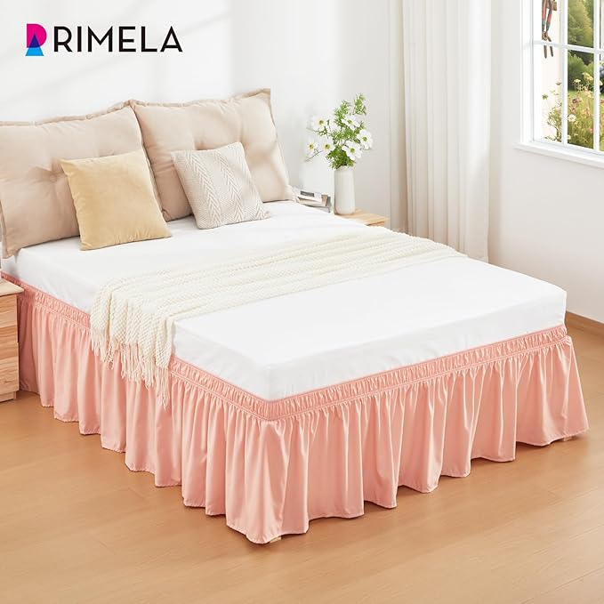 RIMELA Peachy Coral Bed Skirt King Size 18 Inch Drop, Elastic Bed Skirting for Bed Base and Frame, Bedding Dust Ruffle Easy to Install, Wrap Around Adjustable Bedskirt