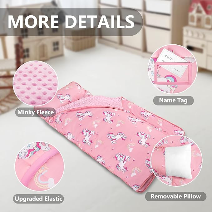 Primlect Thickened Toddler Nap Mat with Removable Pillow and Minky Blanket, Extra Large 55''x35'' Sleeping Bag, Washable, Roll up, Perfect for Daycare, Preschool, Kindergarten, Boys and Girls Pink
