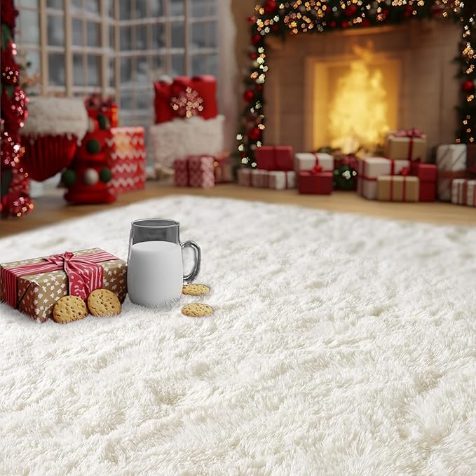 Cream White Plush Rug for Living Room Fuzzy Carpet for Bedroom Dorm, Non-Slip High Pile Rug, Shag Rug for Playroom Nursery Home Office Decor 9X12 Ft