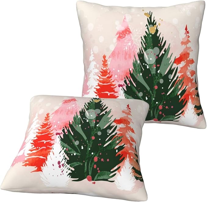 bassyil Christmas Tree Watercolor Throw Pillow Covers Decorative Linen Pillow Cases Set of 2 Square Cushion Cover for Couch Sofa Bedroom Patio 18x18 Inch