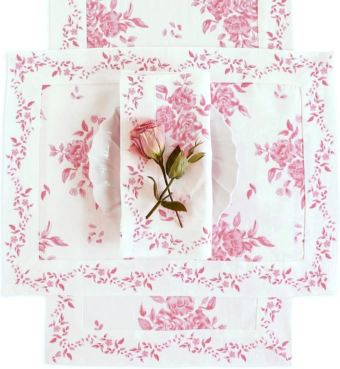 Solino Home Pink Floral Print Table Runner 108 Inches Long - 100% Pure Linen Table Runner 14 x 108 Inch - Handcrafted and Machine Washable - Jolie Fleur Print