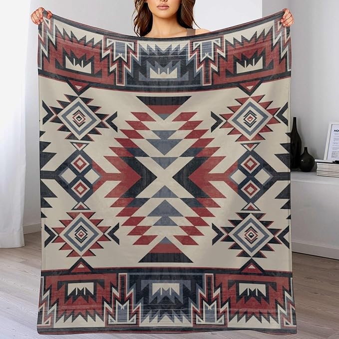 Southwest Blanket, Tribal Indian Throw Blanket Red Black Aztec Ethnic Geometric Print Blanket for Couch Bed Sofa Cover Throw Home Decor 40"x50"