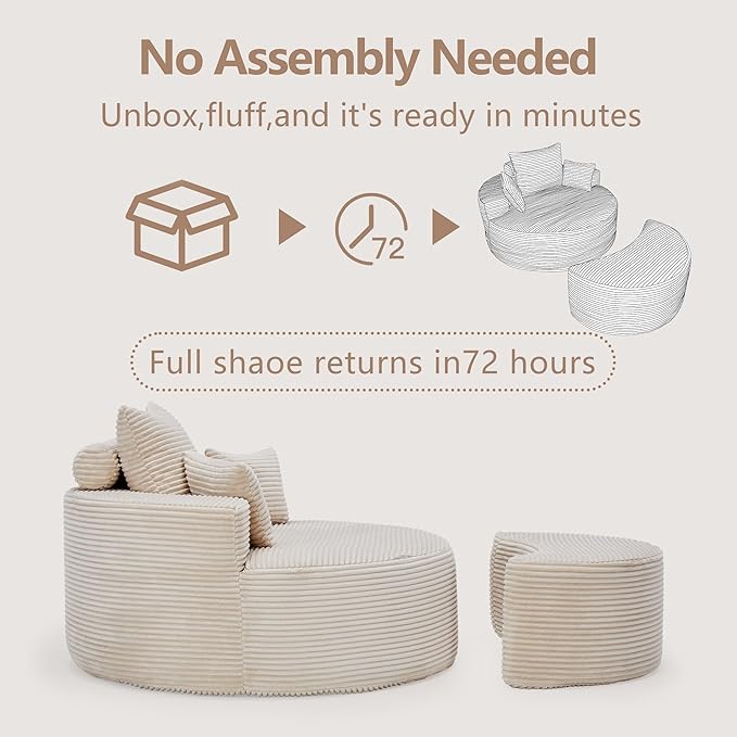 55.11" W Oversized Round Chaise Lounge Chair, Deep Seat Corduroy Cloud with Pillows, Moveable Ottoman and Blanket– Comfy Circle Loveseat Sofa Chair for Living Room or Bedroom (Beige)