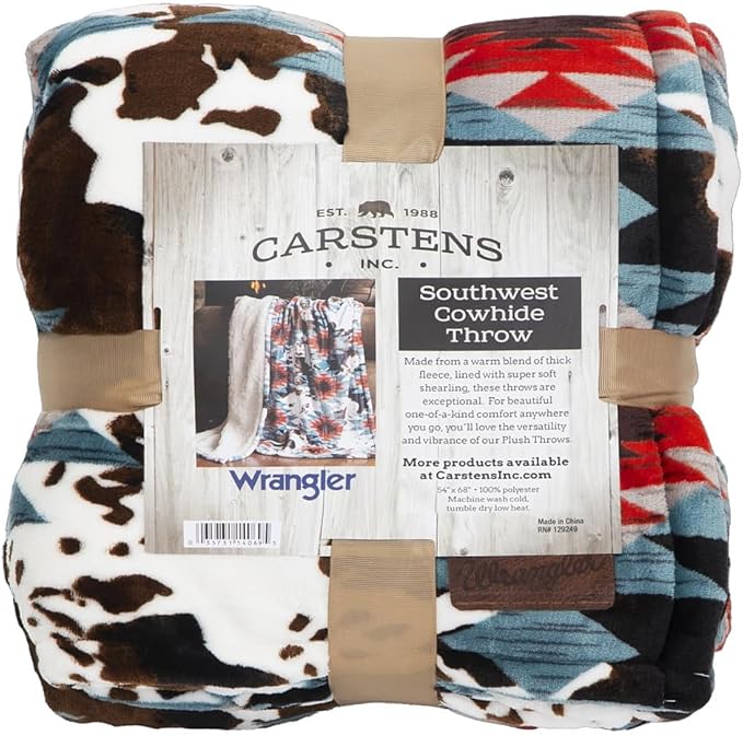 CARSTENS, INC. Wrangler Ultra Premium Super Soft Plush Sherpa Fleece Oversized Throw Blanket 54" x 68", Southwestern Cowhide