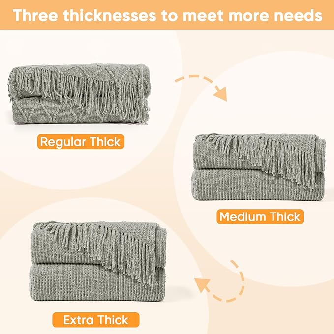 inhand Throw Blanket for Couch Bed,Chunky Chenille Woven Soft Blankets with Tassels,Cozy Boho Farmhouse Fall Winter Decor,Warm for Women,50"x60",Extra Thick-Light Grey