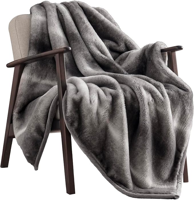 EVERGRACEHOME Ultra Soft Luxury Fluffy Mink Faux Fur Throw Blanket, Thick Warm Fall Winter Blankets for Bed, Couch, Cozy Plush Reversible Blanket for Chair, Sofa (Ombré Silver Onyx, 60"x80")