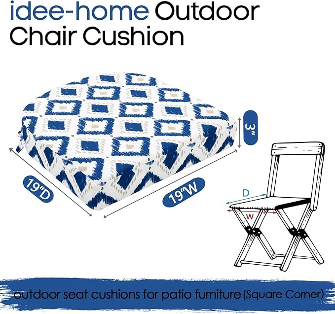 idee-home Outdoor Chair Cushions Set of 4, Thick 19" x 19" x 3" Outdoor Seat Cushions Patio Furniture Waterproof with Ties, Dining Pads